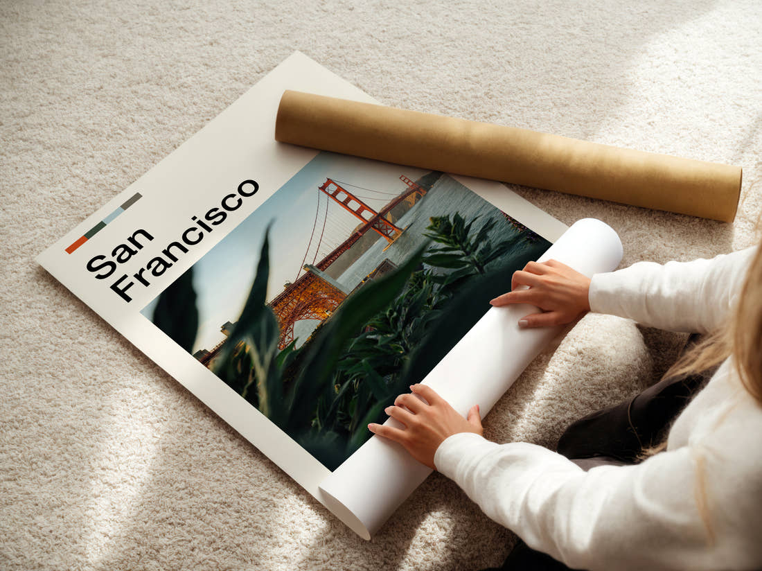 San Francisco Golden Gate Bridge Travel Print being unrolled from its postal tube