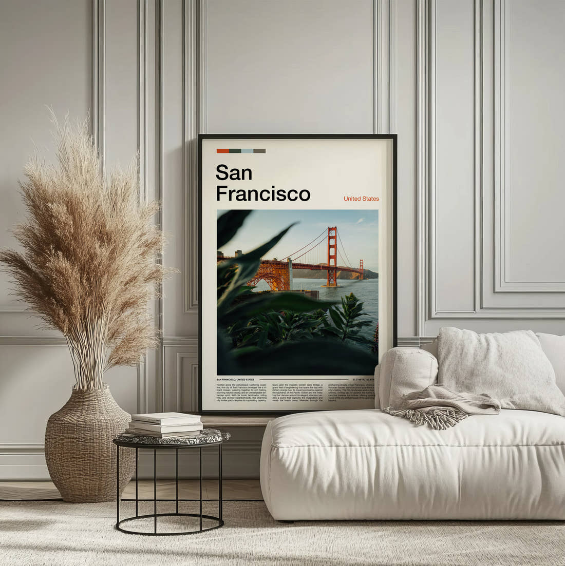 San Francisco Golden Gate Bridge Travel Print framed on the wall of a calm, neutral bedroom
