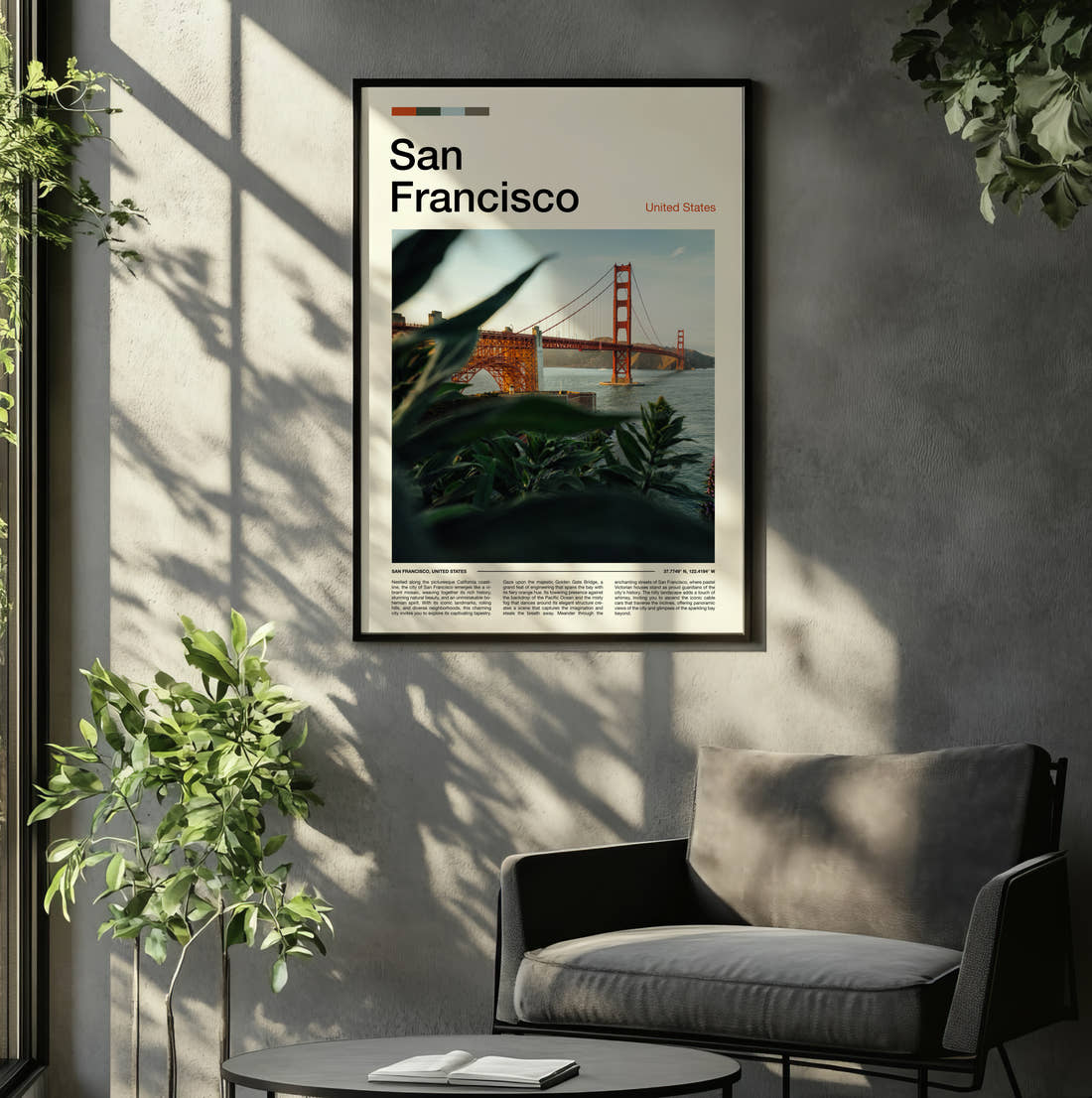 San Francisco Golden Gate Bridge Travel Print framed on the wall of a relaxed living room