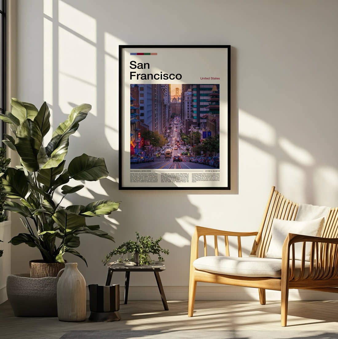 San Francisco Steep City Street Travel Print framed on a pale wall beside houseplants