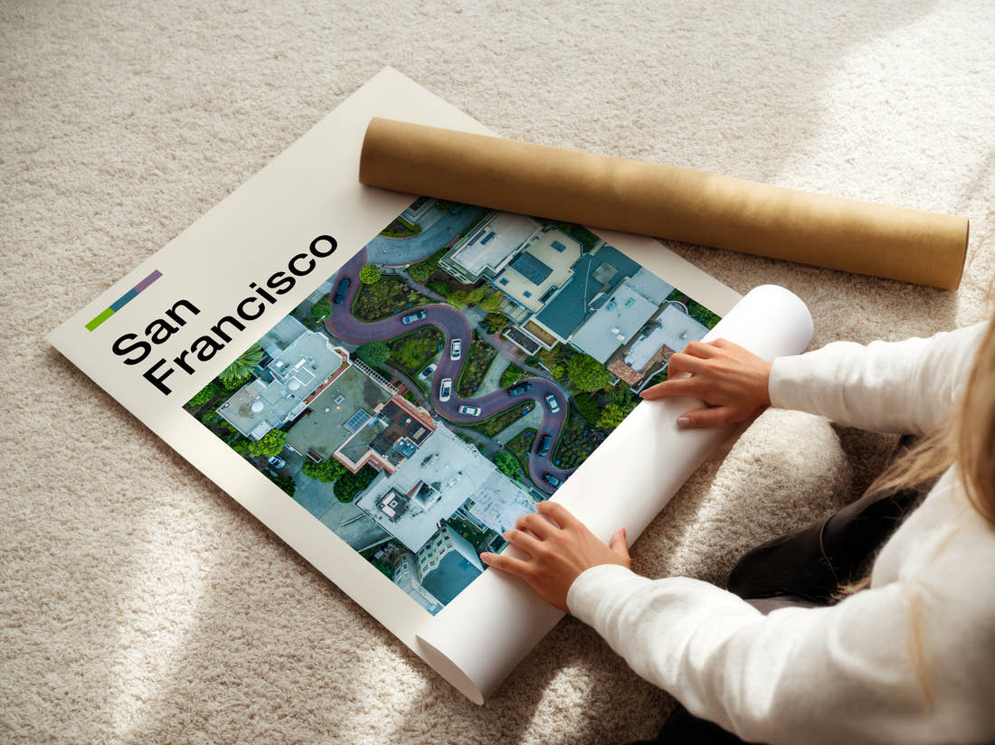 San Francisco Lombard Street Travel Print being unrolled from its postal tube
