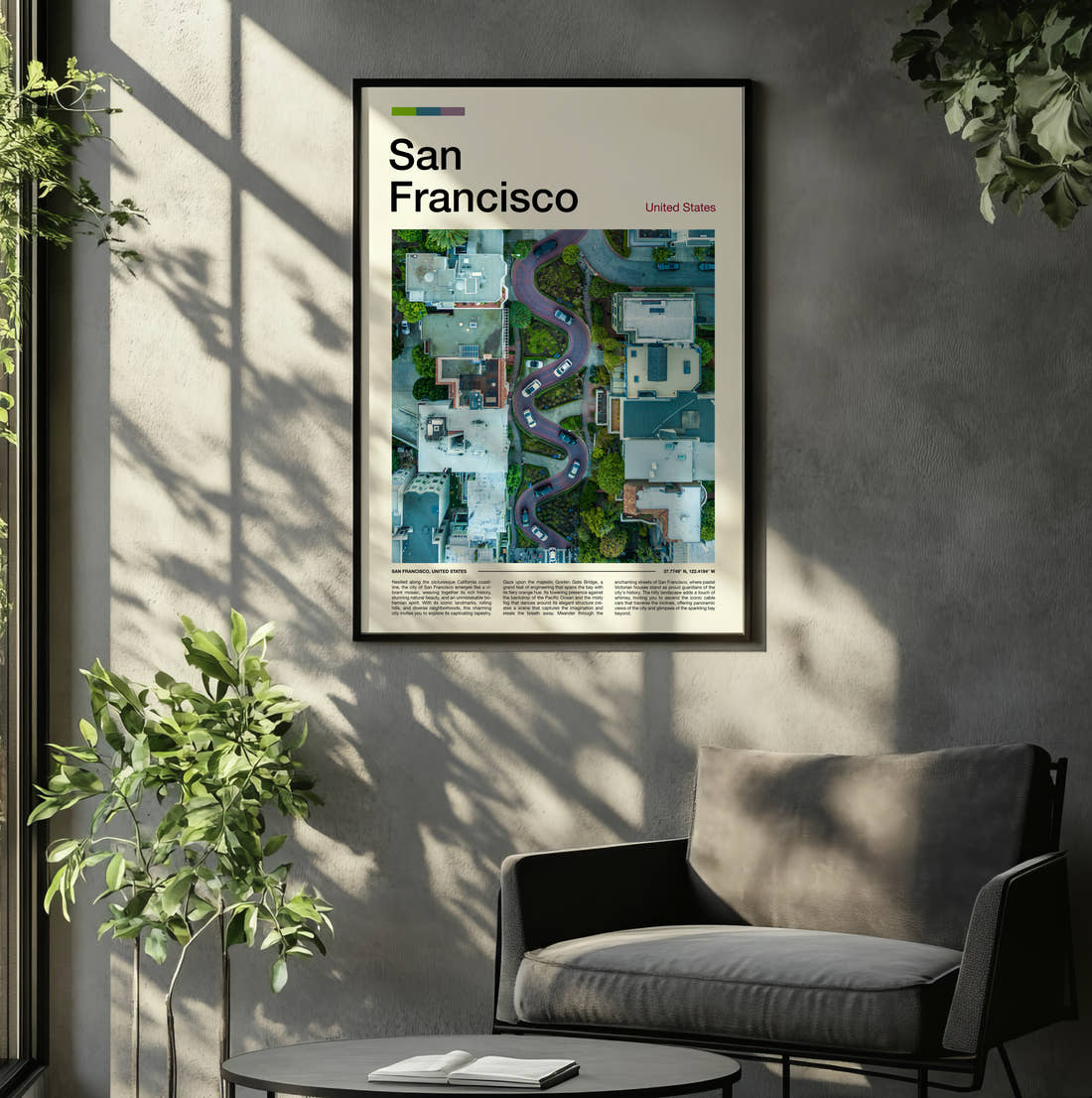 San Francisco Lombard Street Travel Print framed on the wall of a relaxed living room