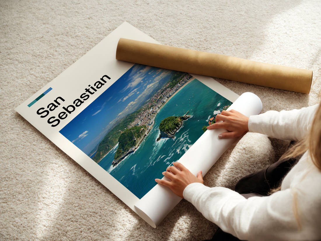 San Sebastian La Concha Bay Travel Print being unrolled from its postal tube