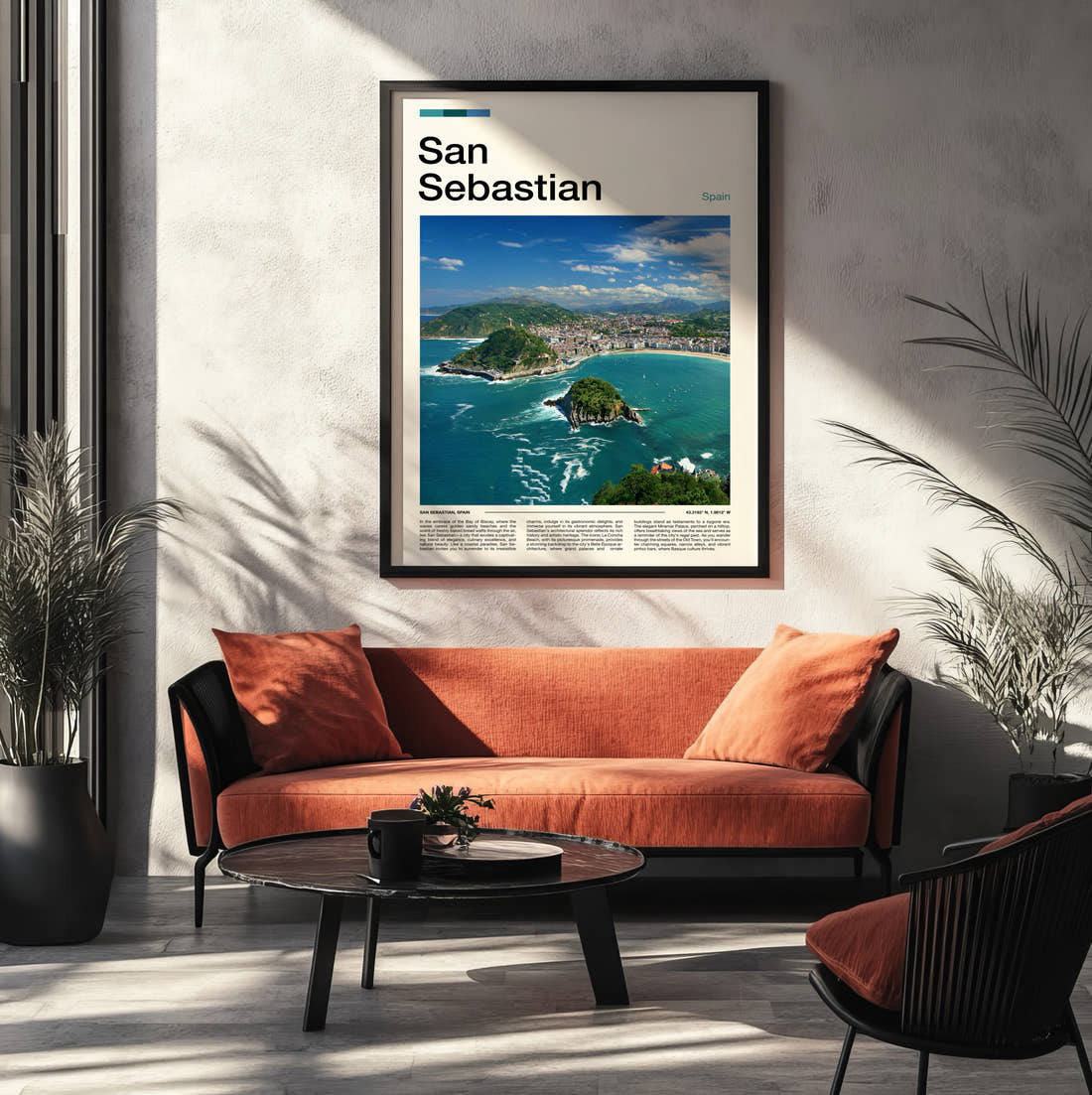 San Sebastian La Concha Bay Travel Print framed on the wall of a modern living room