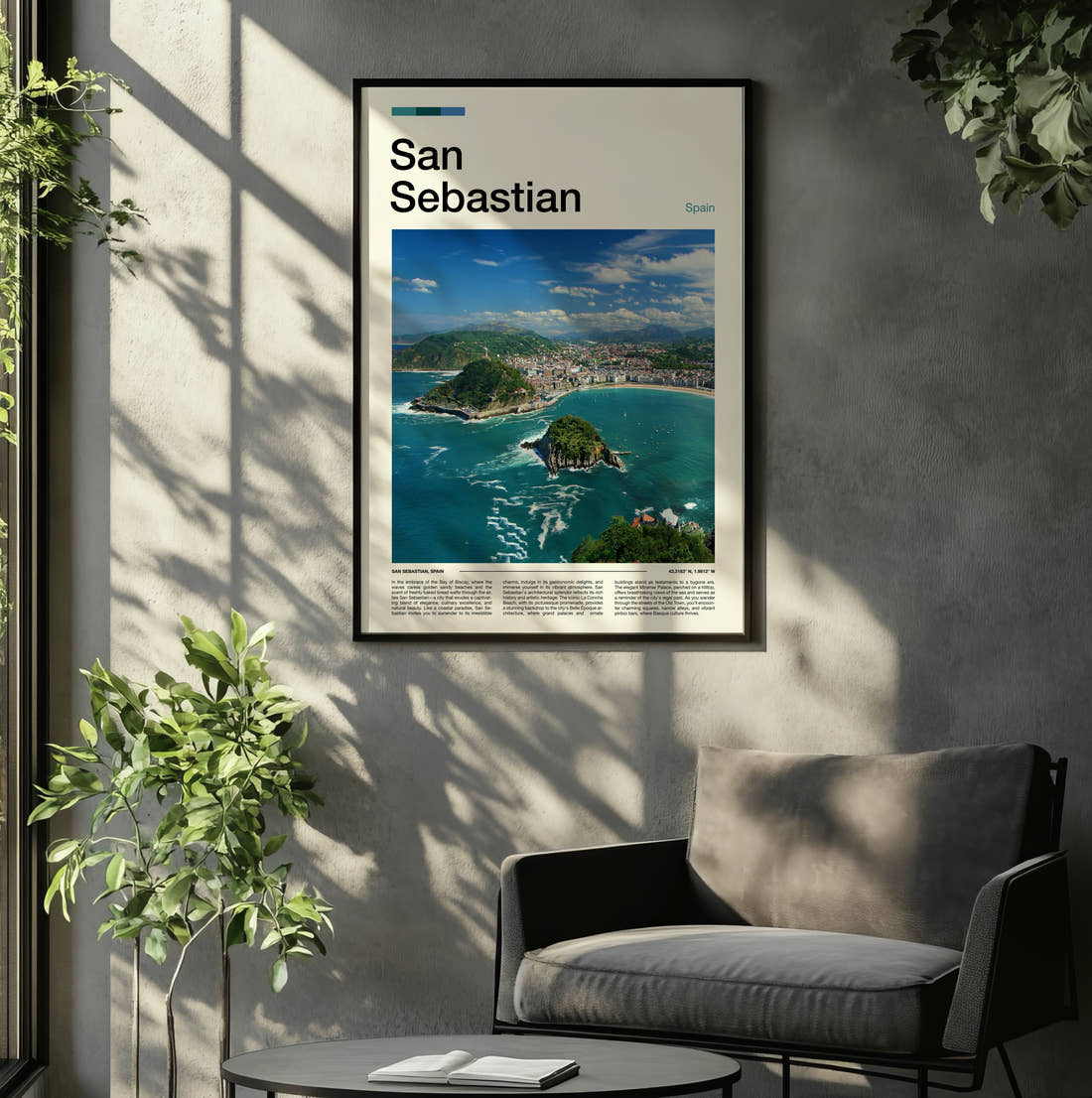 San Sebastian La Concha Bay Travel Print framed on the wall of a relaxed living room