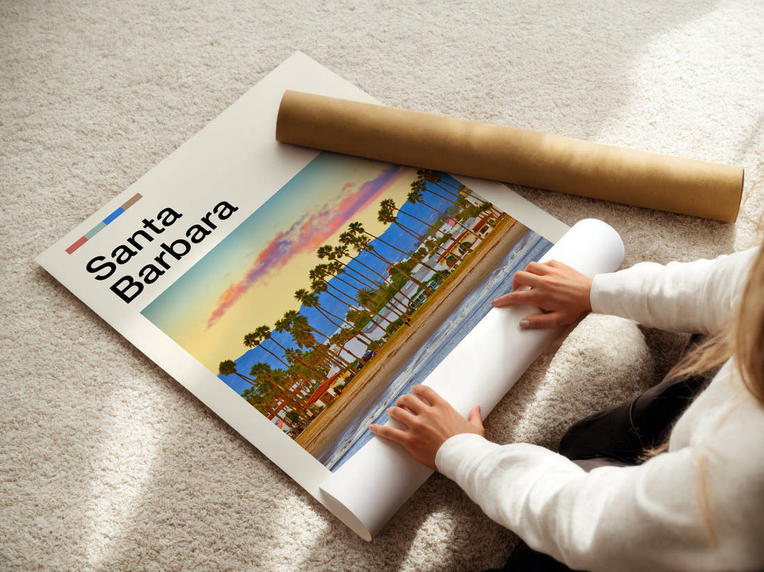 Santa Barbara Travel Print being unrolled from its postal tube