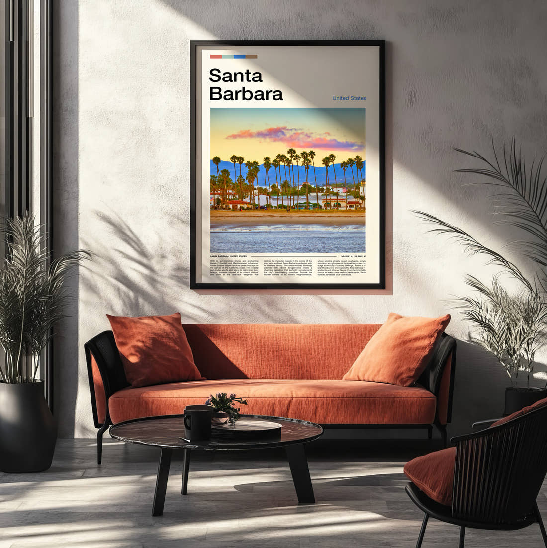 Santa Barbara Travel Print framed on the wall of a modern living room
