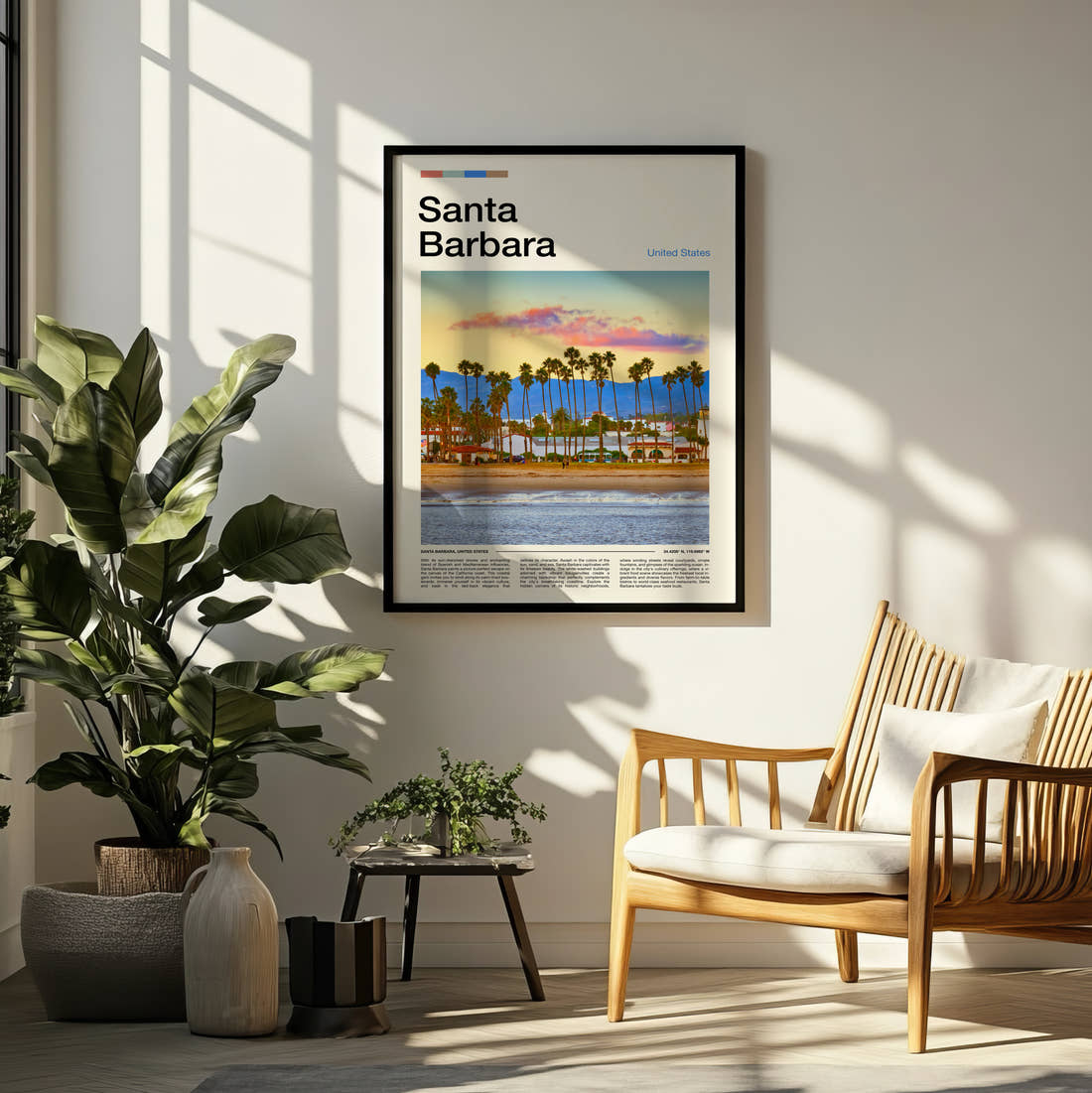 Santa Barbara Travel Print framed on a pale wall beside houseplants
