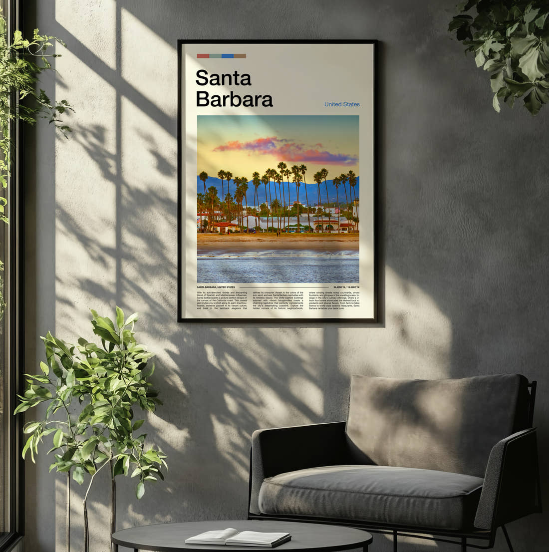 Santa Barbara Travel Print framed on the wall of a relaxed living room
