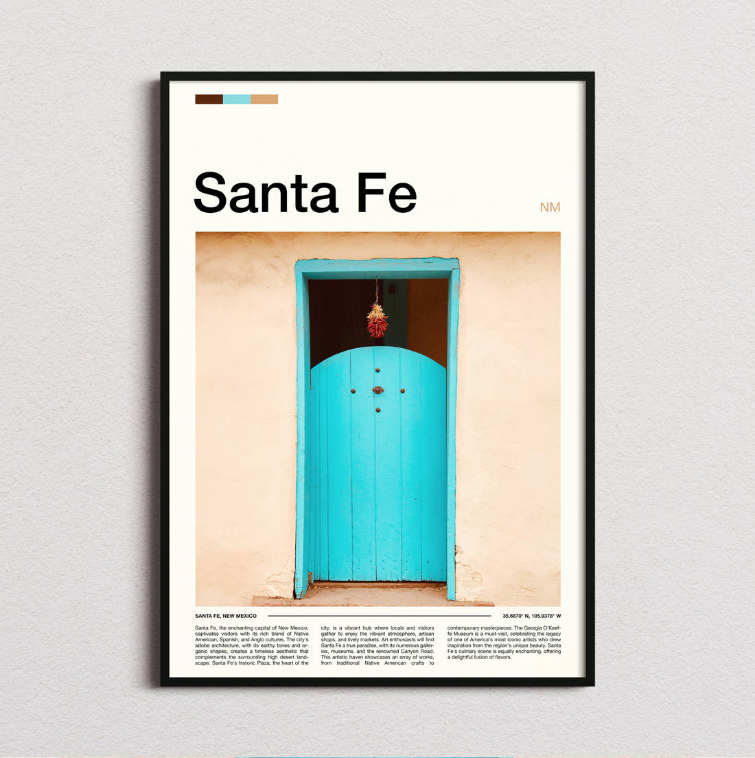 Santa Fe Turquoise Door Travel Print framed and photographed straight on