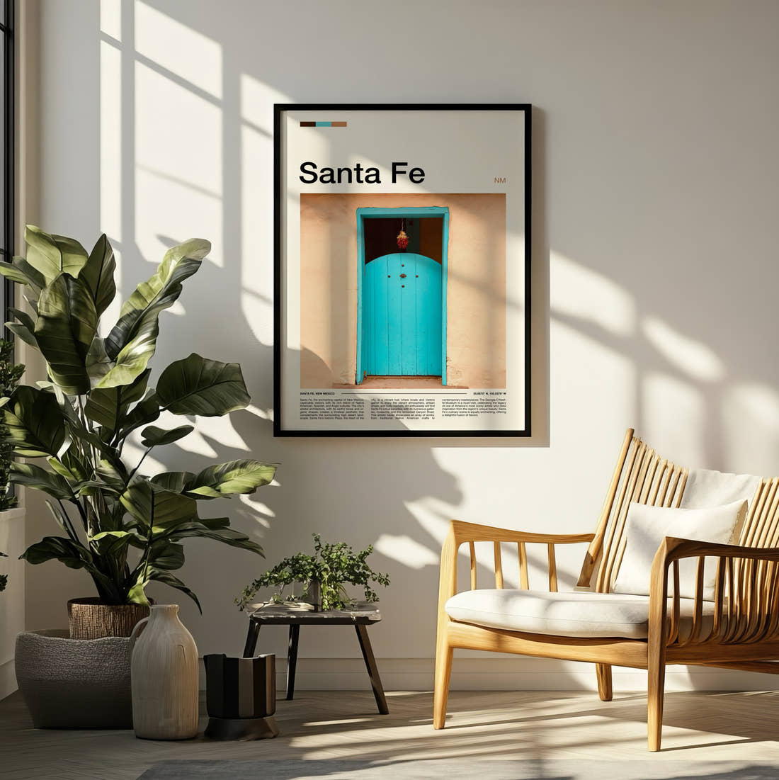 Santa Fe Turquoise Door Travel Print framed on a pale wall beside houseplants