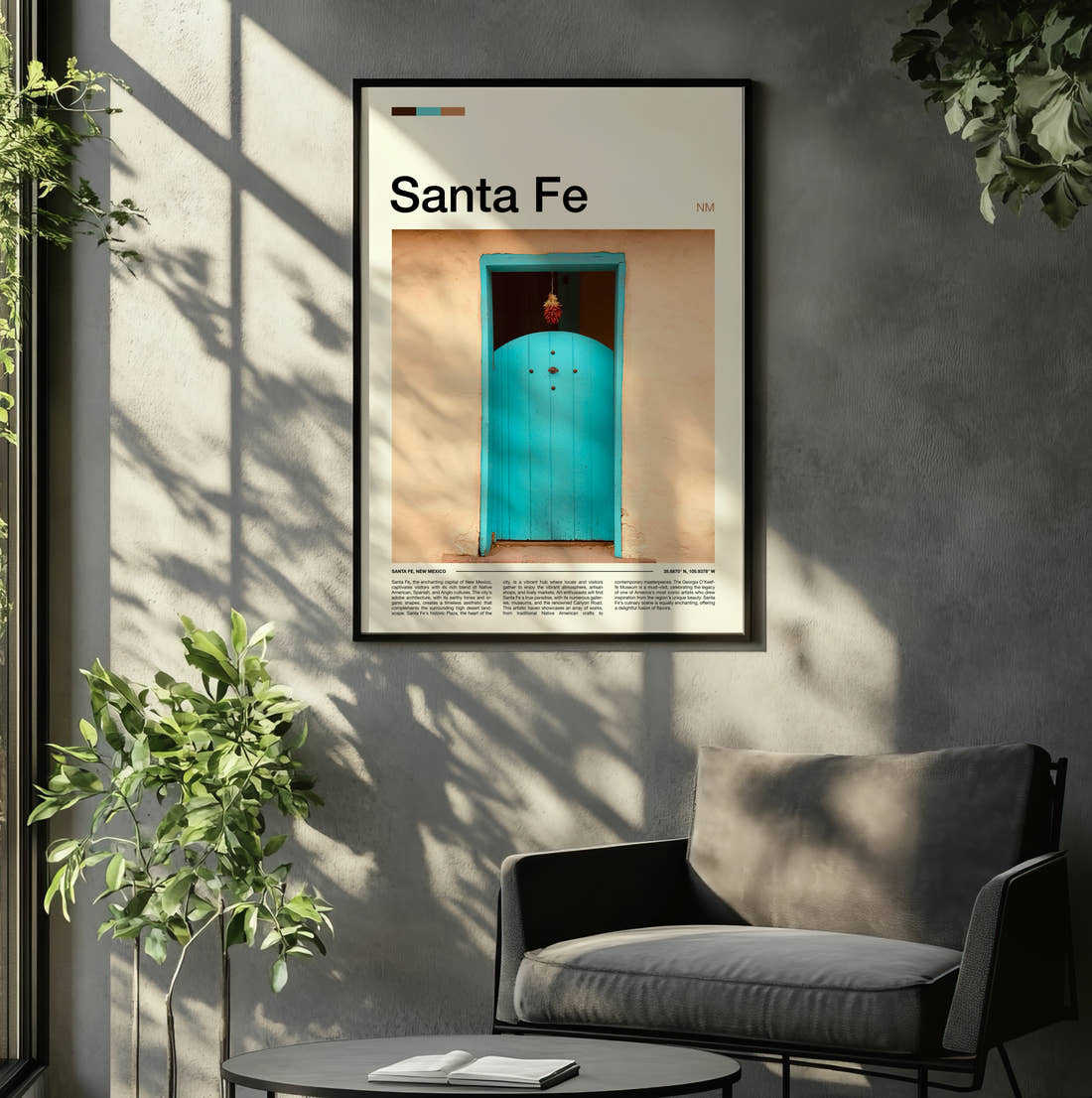 Santa Fe Turquoise Door Travel Print framed on the wall of a relaxed living room