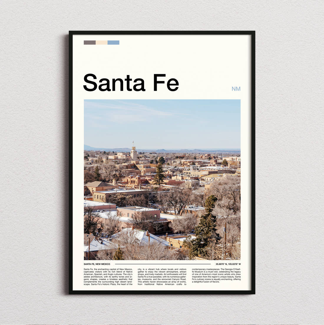 Santa Fe Adobe Townscape Travel Print framed and photographed straight on