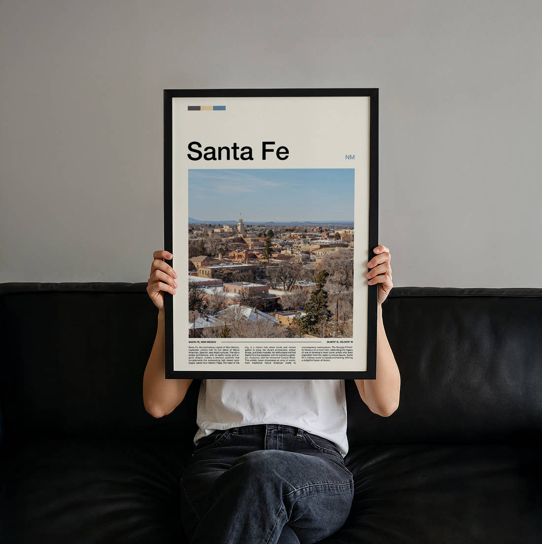 Santa Fe Adobe Townscape Travel Print held up by hand to show the size of the print