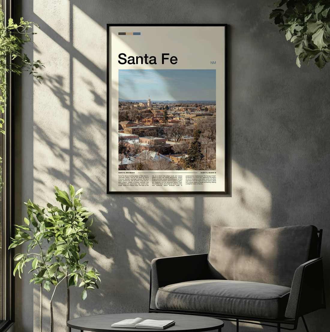 Santa Fe Adobe Townscape Travel Print framed on the wall of a relaxed living room