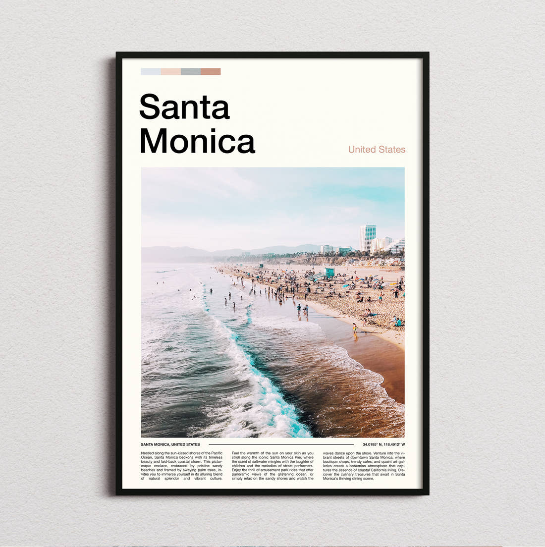 Santa Monica Beach And Waves Travel Print framed and photographed straight on