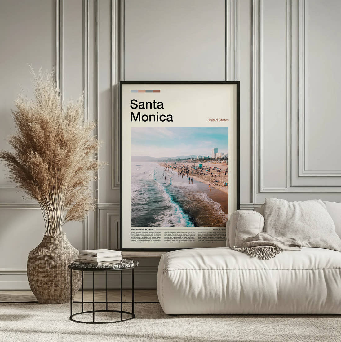 Santa Monica Beach And Waves Travel Print framed on the wall of a calm, neutral bedroom