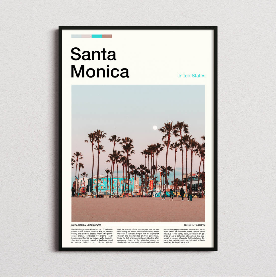 Santa Monica Palm Lined Promenade Travel Print framed and photographed straight on