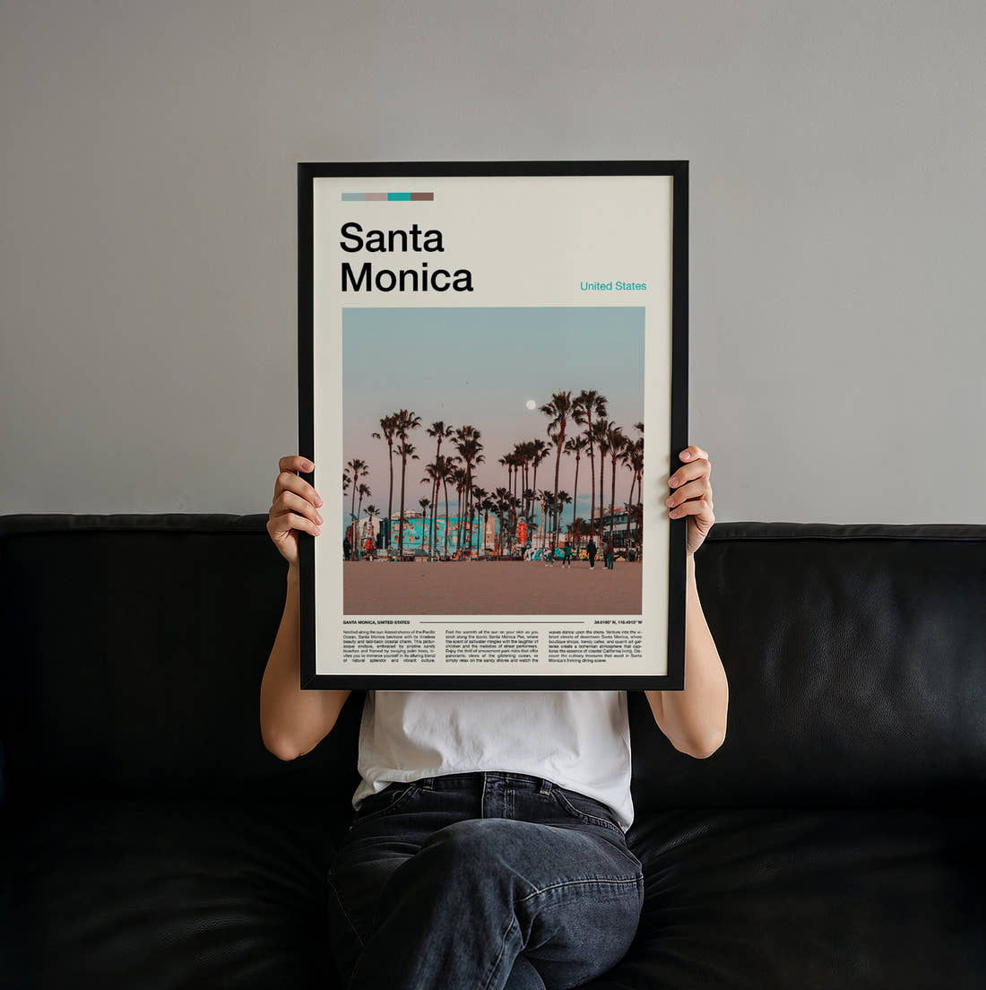 Santa Monica Palm Lined Promenade Travel Print held up by hand to show the size of the print
