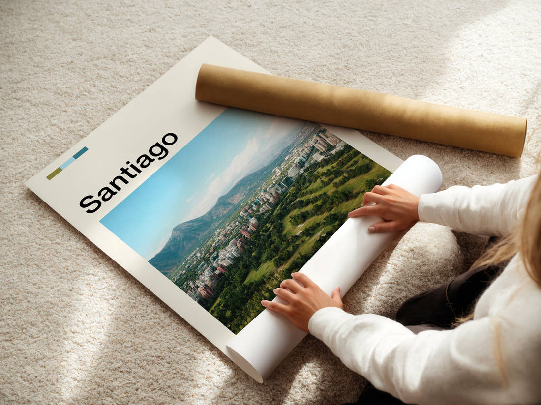 Santiago Parkland And Mountains Travel Print being unrolled from its postal tube