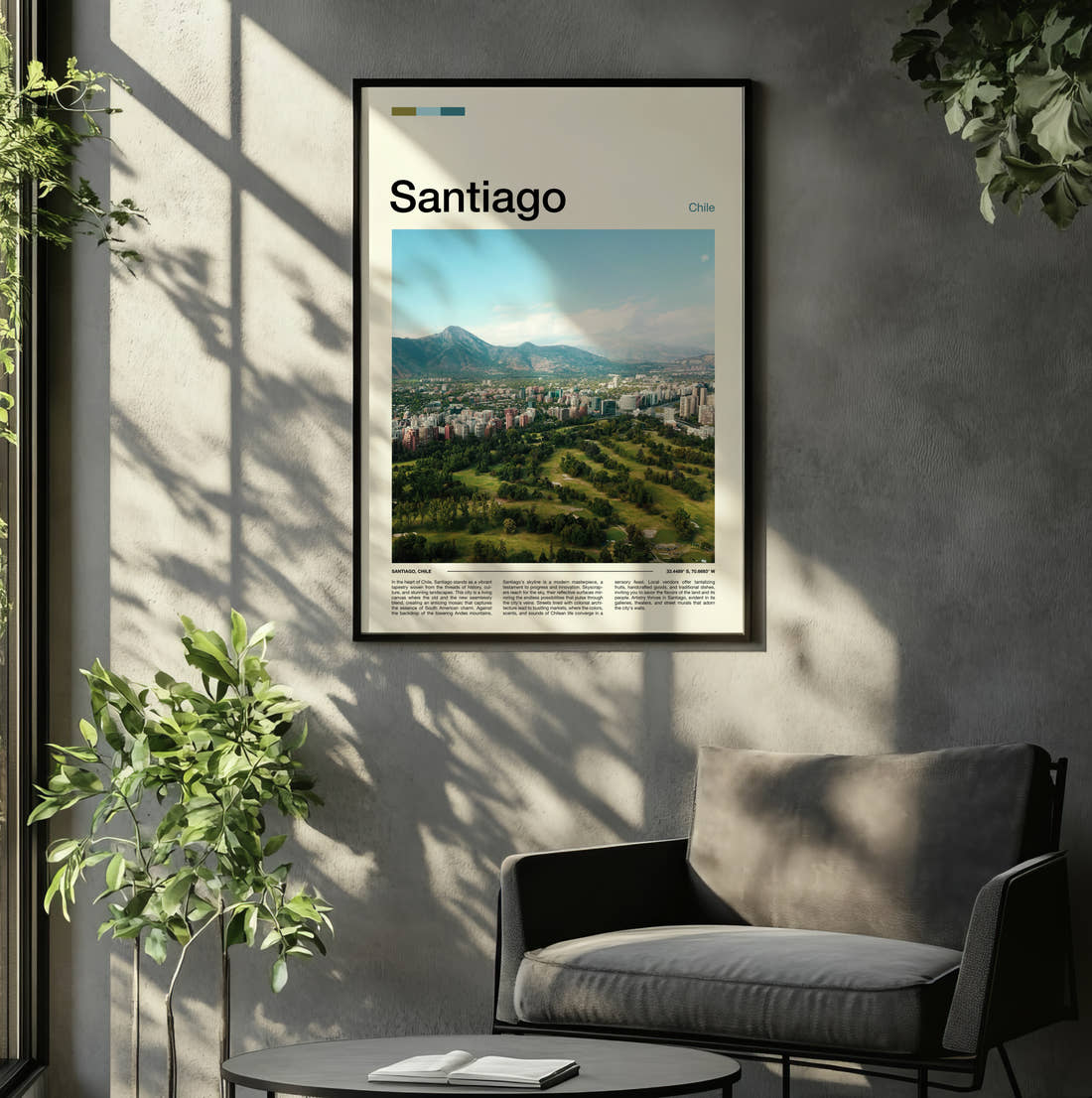 Santiago Parkland And Mountains Travel Print framed on the wall of a relaxed living room