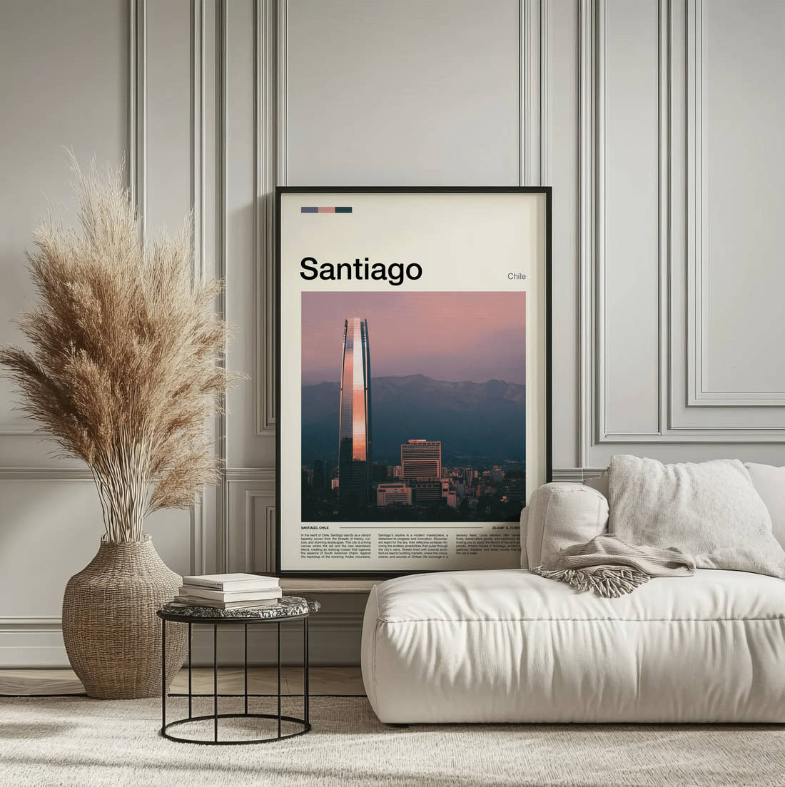 Santiago Gran Torre Travel Print framed on the wall of a calm, neutral bedroom
