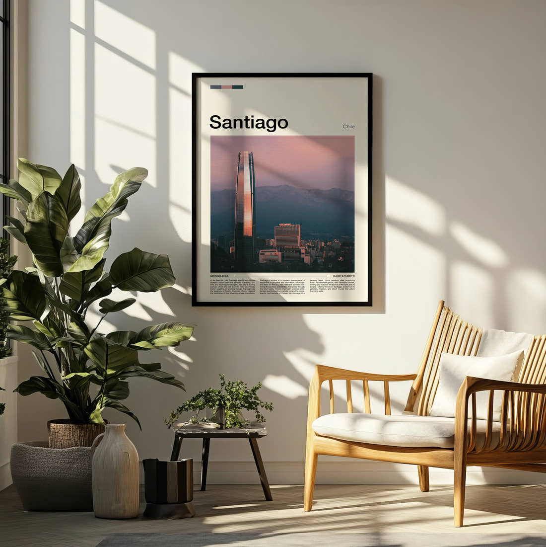 Santiago Gran Torre Travel Print framed on a pale wall beside houseplants