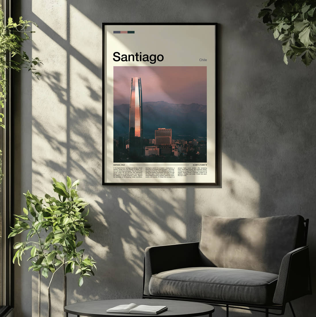 Santiago Gran Torre Travel Print framed on the wall of a relaxed living room