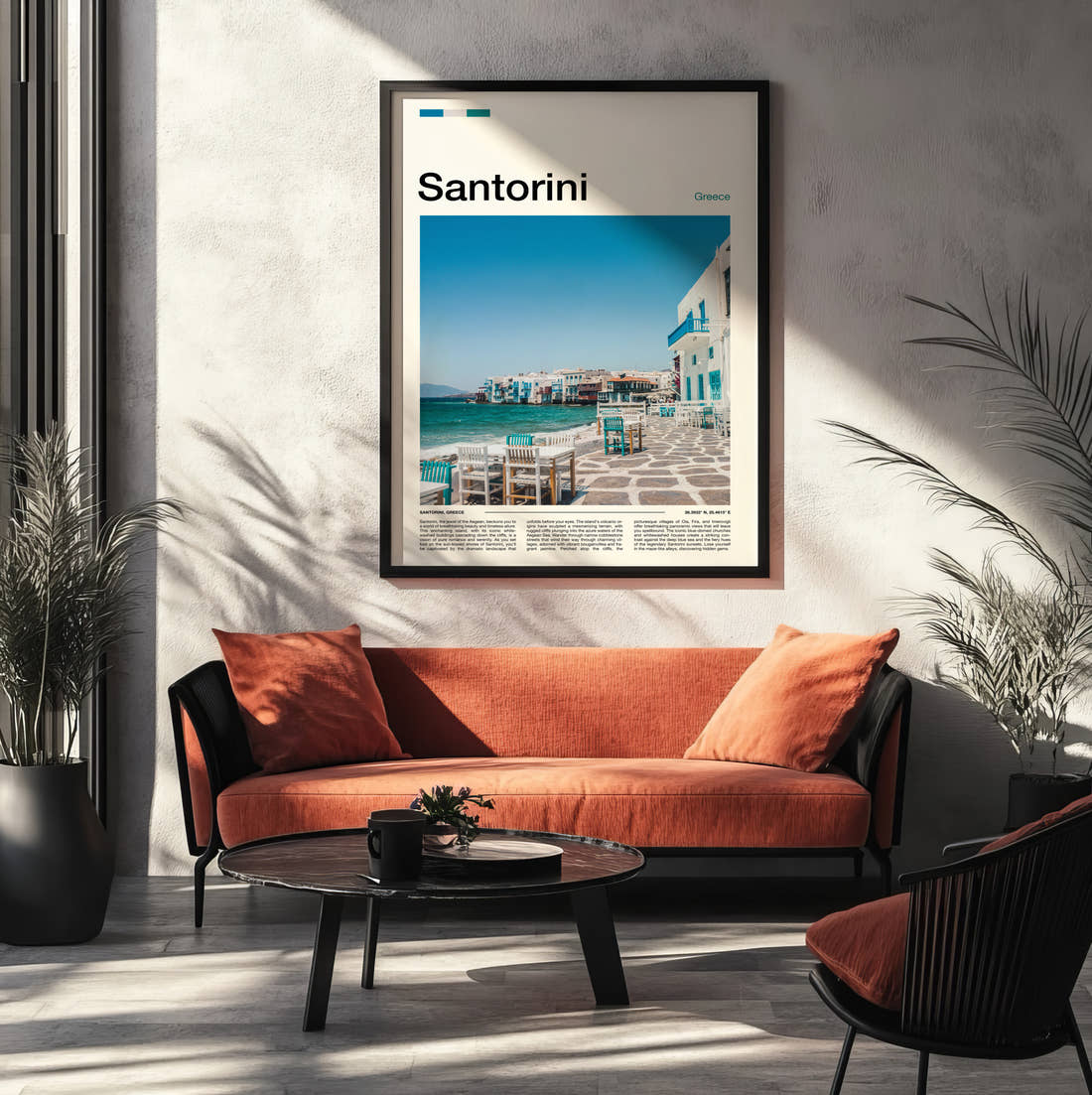 Santorini Waterfront Terrace Travel Print framed on the wall of a modern living room
