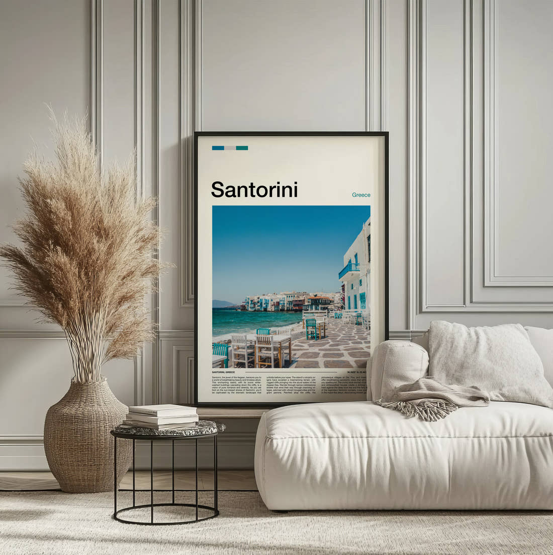 Santorini Waterfront Terrace Travel Print framed on the wall of a calm, neutral bedroom