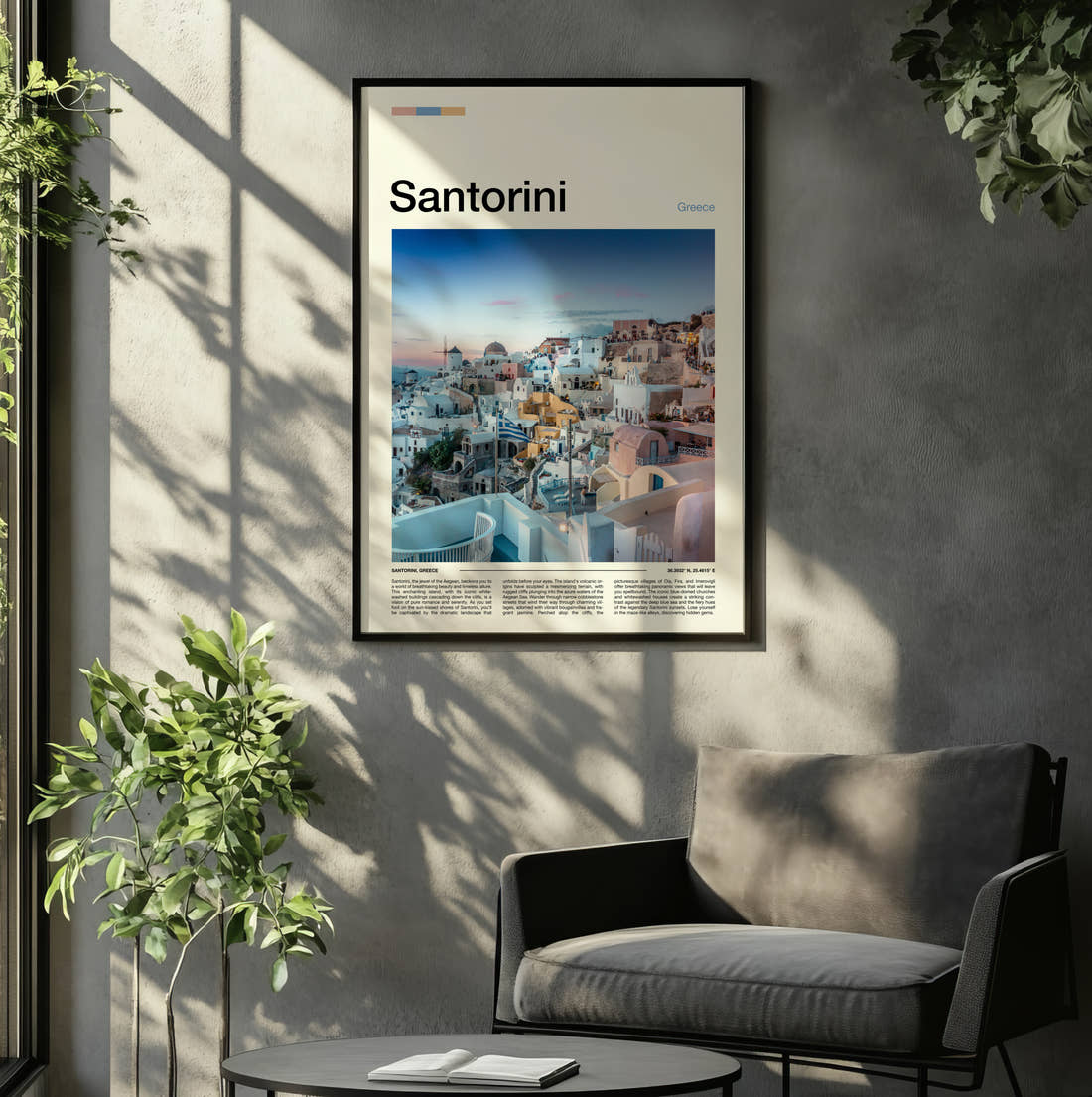 Santorini Clifftop Village At Sunset Travel Print framed on the wall of a relaxed living room