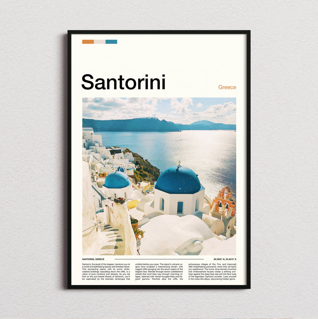 Santorini Blue Domed Churches Travel Print framed and photographed straight on