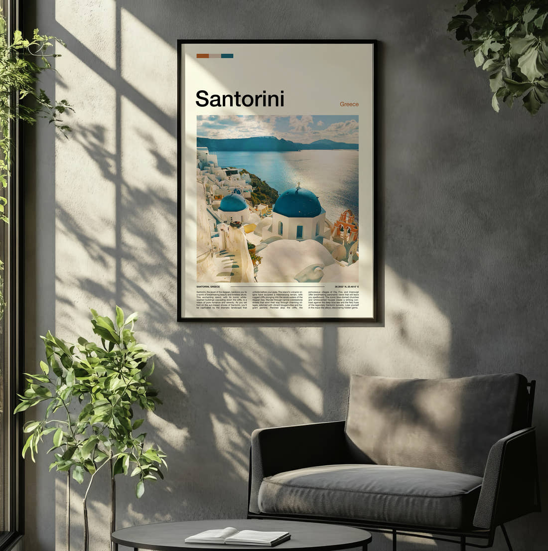 Santorini Blue Domed Churches Travel Print framed on the wall of a relaxed living room