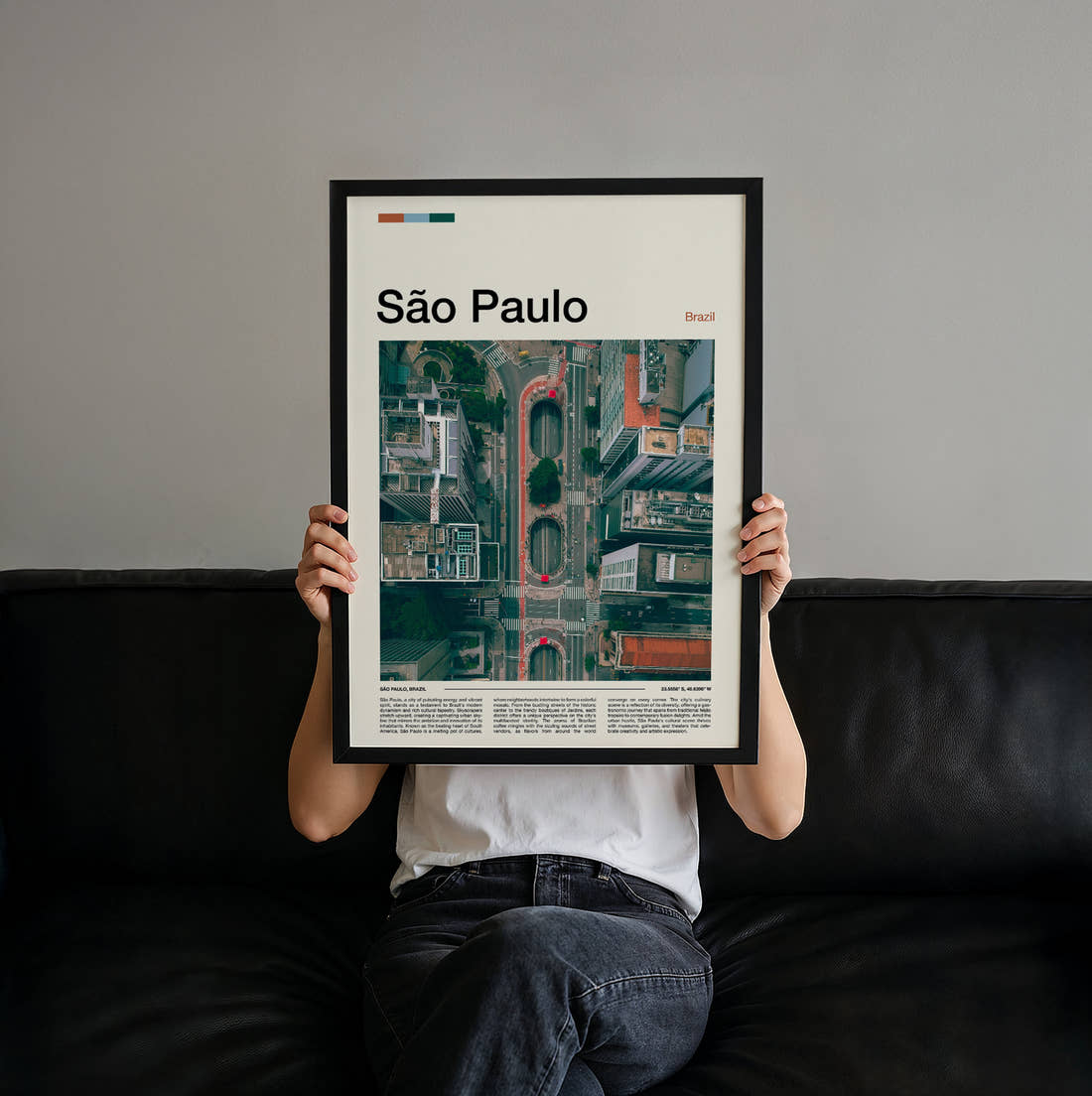 Sao Paulo Aerial City View Travel Print held up by hand to show the size of the print