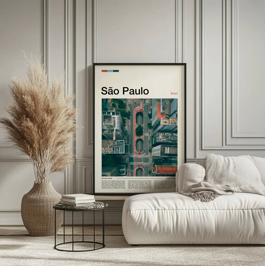 Sao Paulo Aerial City View Travel Print framed on the wall of a calm, neutral bedroom
