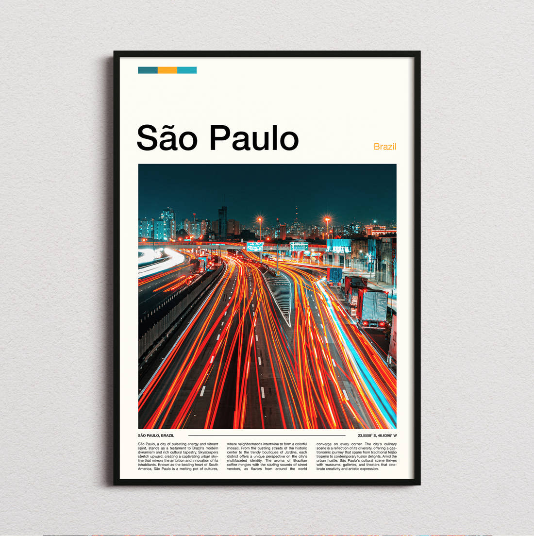 Sao Paulo Traffic Light Trails Travel Print framed and photographed straight on