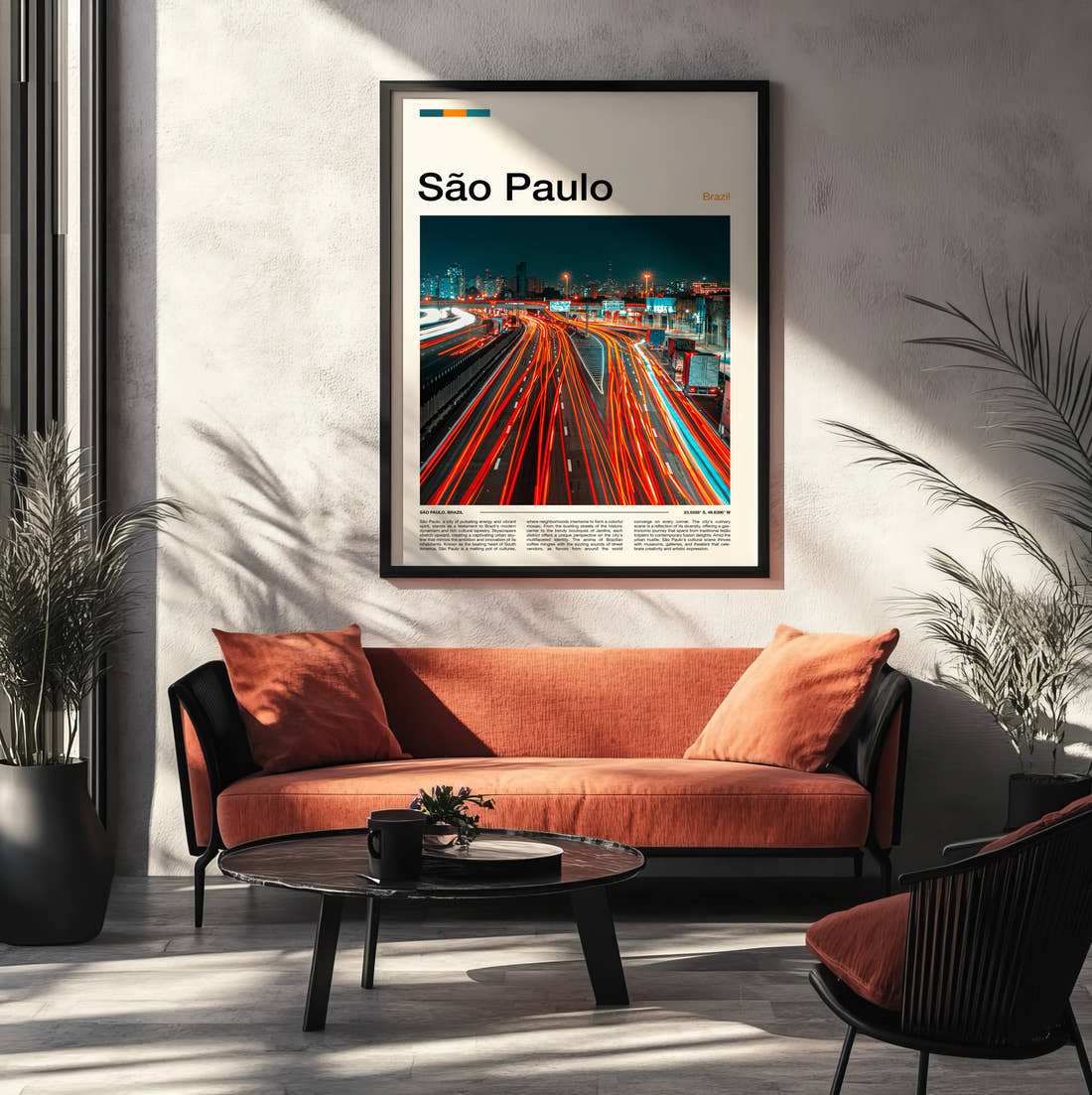Sao Paulo Traffic Light Trails Travel Print framed on the wall of a modern living room