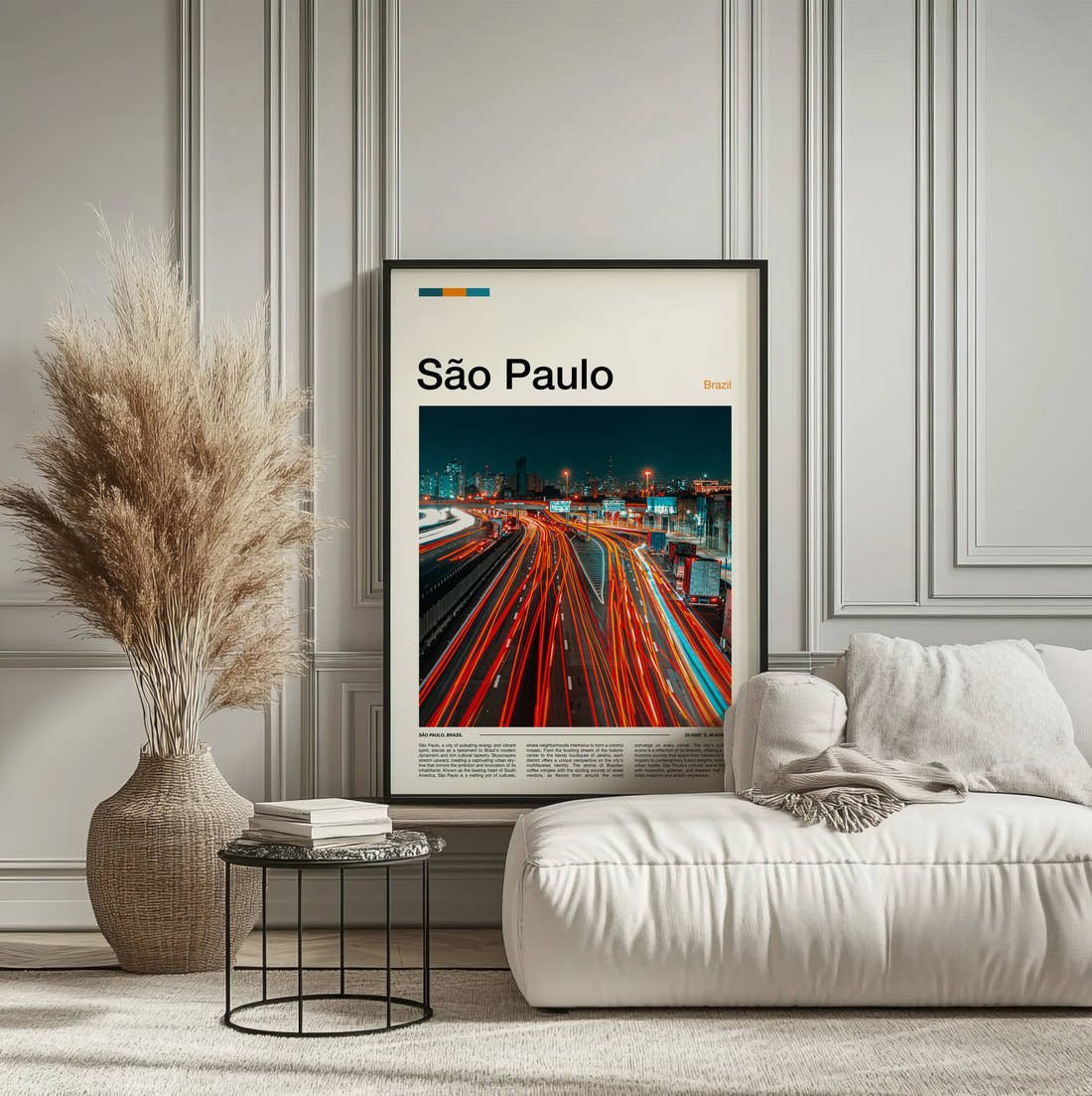 Sao Paulo Traffic Light Trails Travel Print framed on the wall of a calm, neutral bedroom