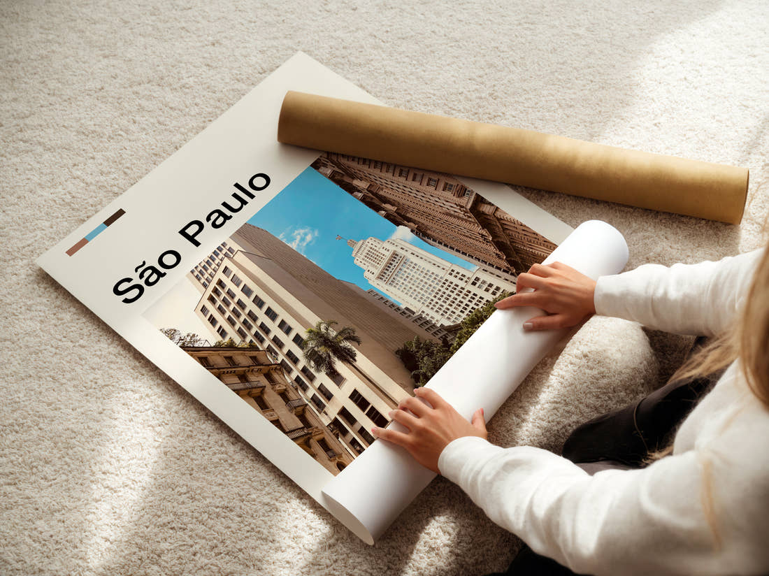 Sao Paulo Skyscrapers From Below Travel Print being unrolled from its postal tube