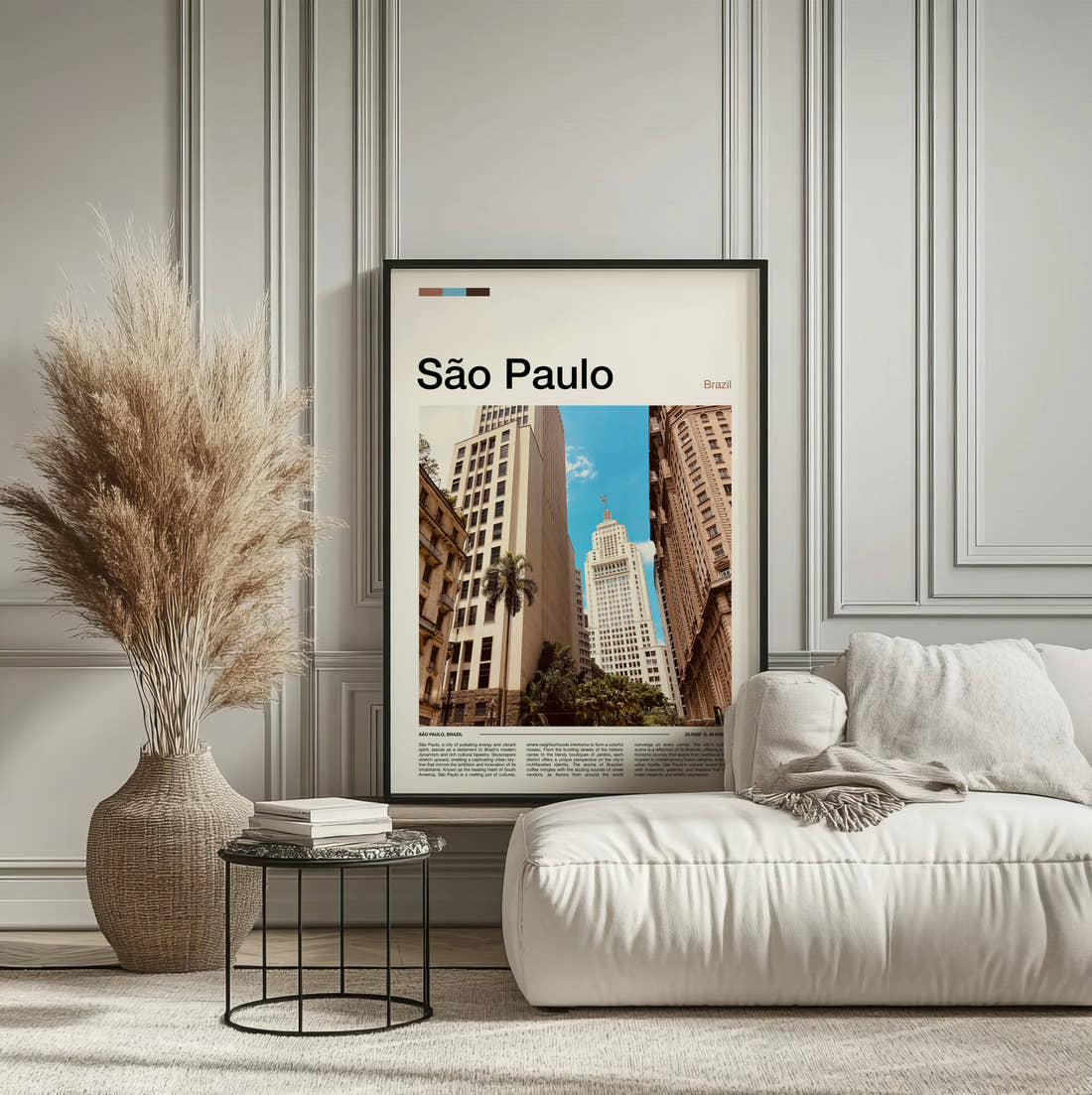 Sao Paulo Skyscrapers From Below Travel Print framed on the wall of a calm, neutral bedroom