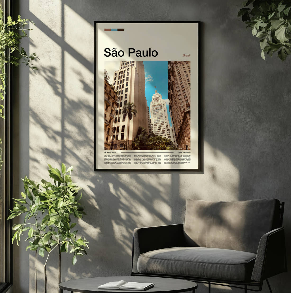 Sao Paulo Skyscrapers From Below Travel Print framed on the wall of a relaxed living room