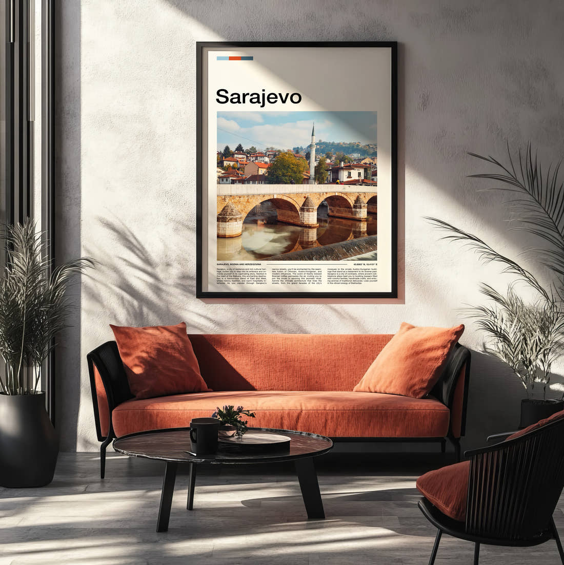 Sarajevo Stone Arch Bridge Travel Print framed on the wall of a modern living room
