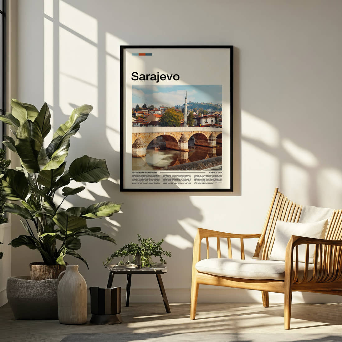 Sarajevo Stone Arch Bridge Travel Print framed on a pale wall beside houseplants