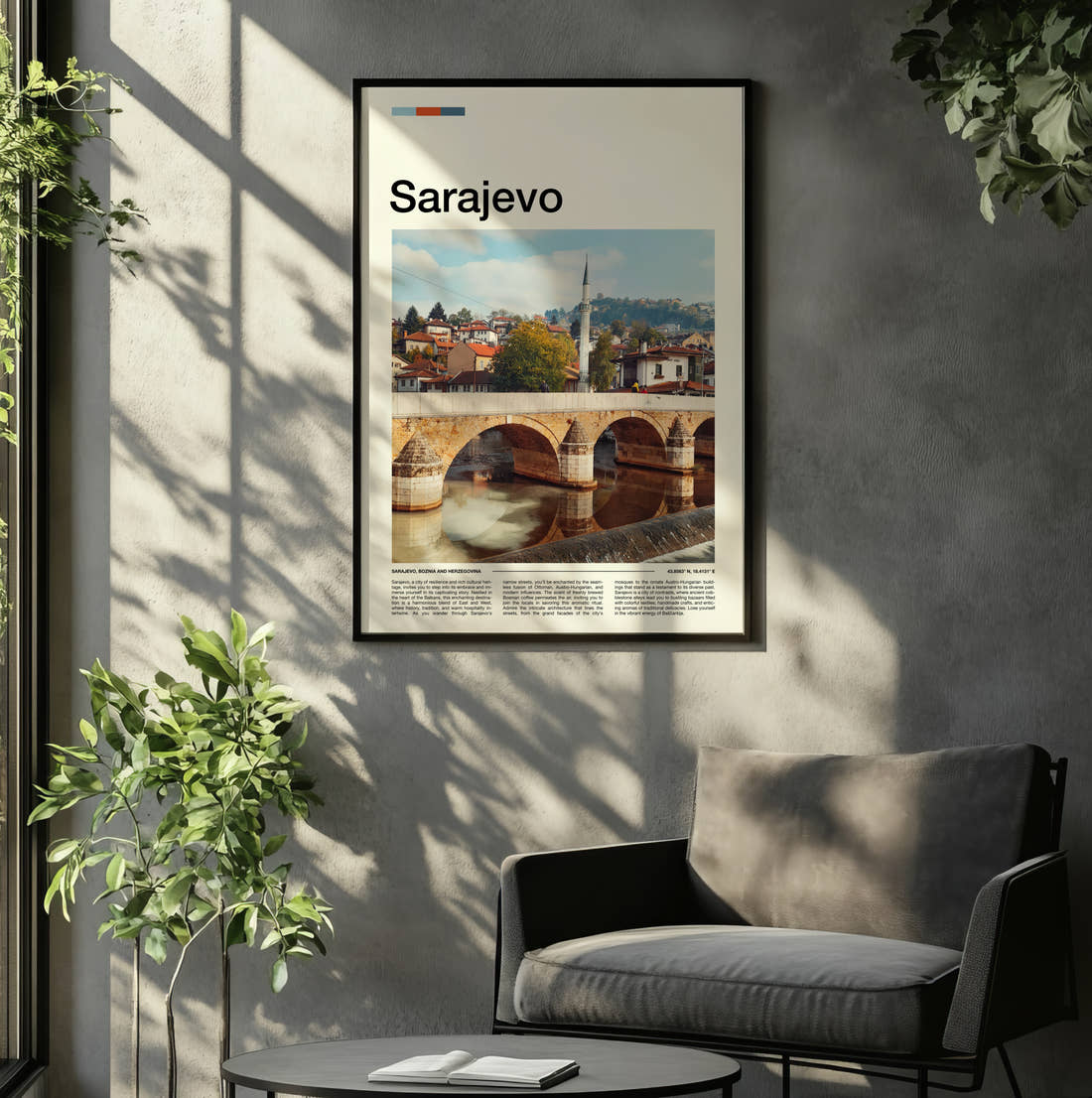 Sarajevo Stone Arch Bridge Travel Print framed on the wall of a relaxed living room