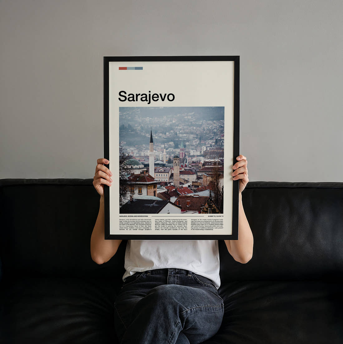 Sarajevo Minaret Over Rooftops Travel Print held up by hand to show the size of the print