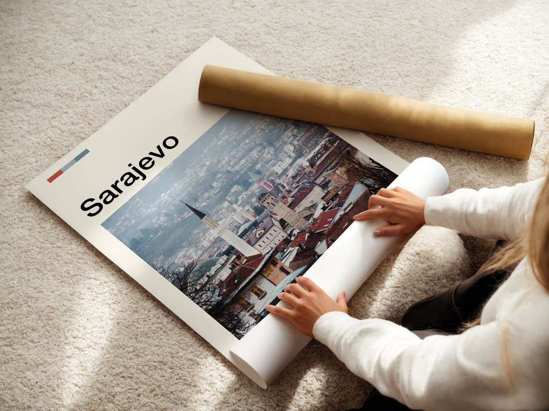 Sarajevo Minaret Over Rooftops Travel Print being unrolled from its postal tube
