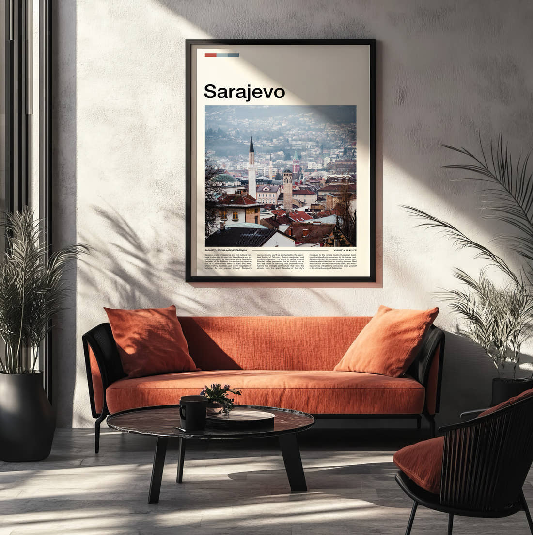 Sarajevo Minaret Over Rooftops Travel Print framed on the wall of a modern living room