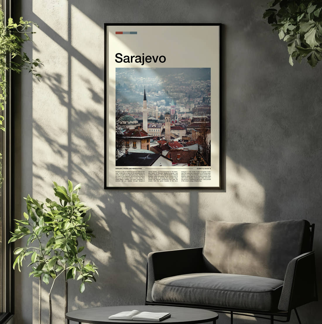 Sarajevo Minaret Over Rooftops Travel Print framed on the wall of a relaxed living room
