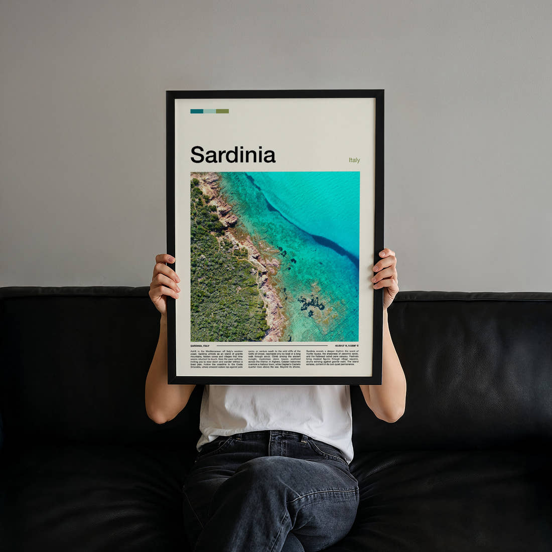 Sardinia Aerial Coastline View Travel Print held up by hand to show the size of the print