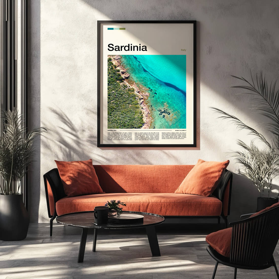Sardinia Aerial Coastline View Travel Print framed on the wall of a modern living room
